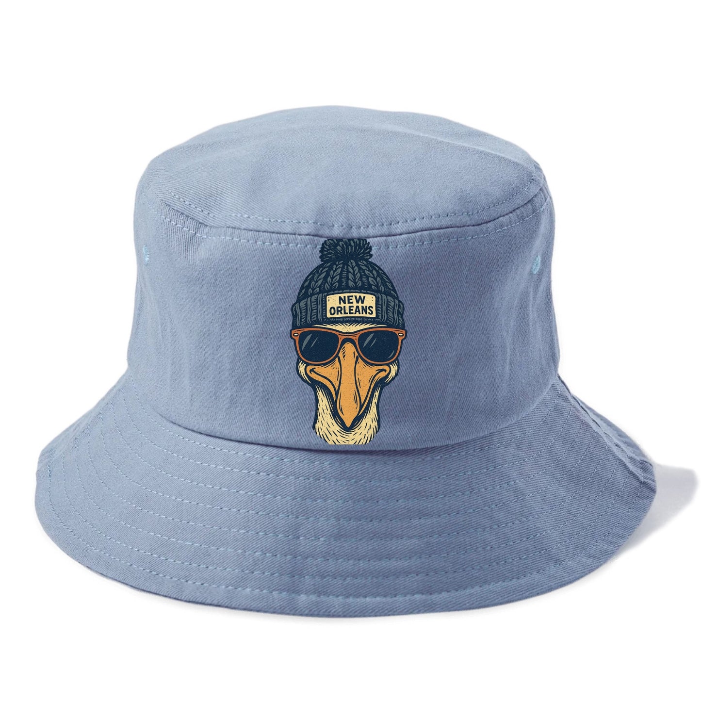New Orleans Pelican wearing New Orleans beanie with pom pom and wayfarer sunglasses - Bucket Hat - Summer Sky(Blue)