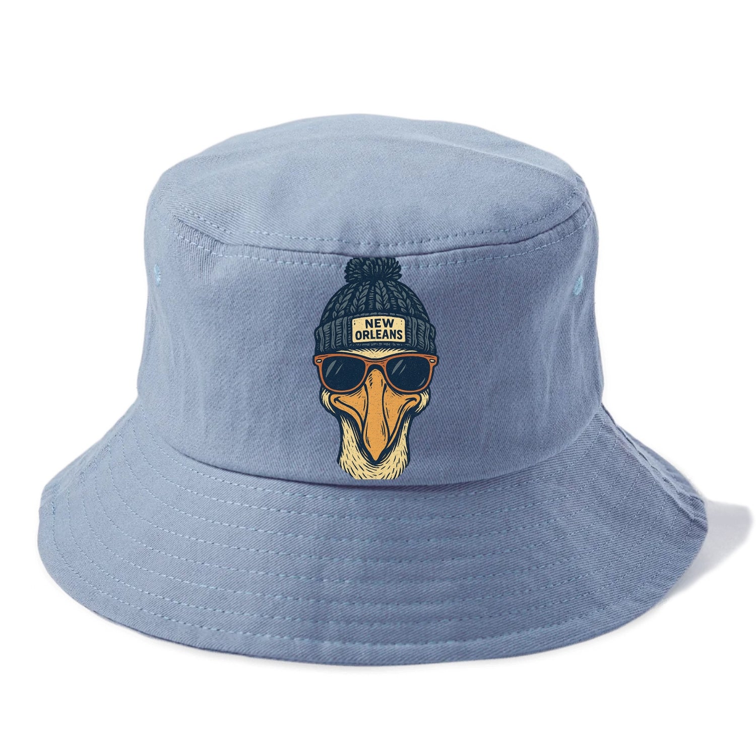 New Orleans Pelican wearing New Orleans beanie with pom pom and wayfarer sunglasses - Bucket Hat - Summer Sky(Blue)