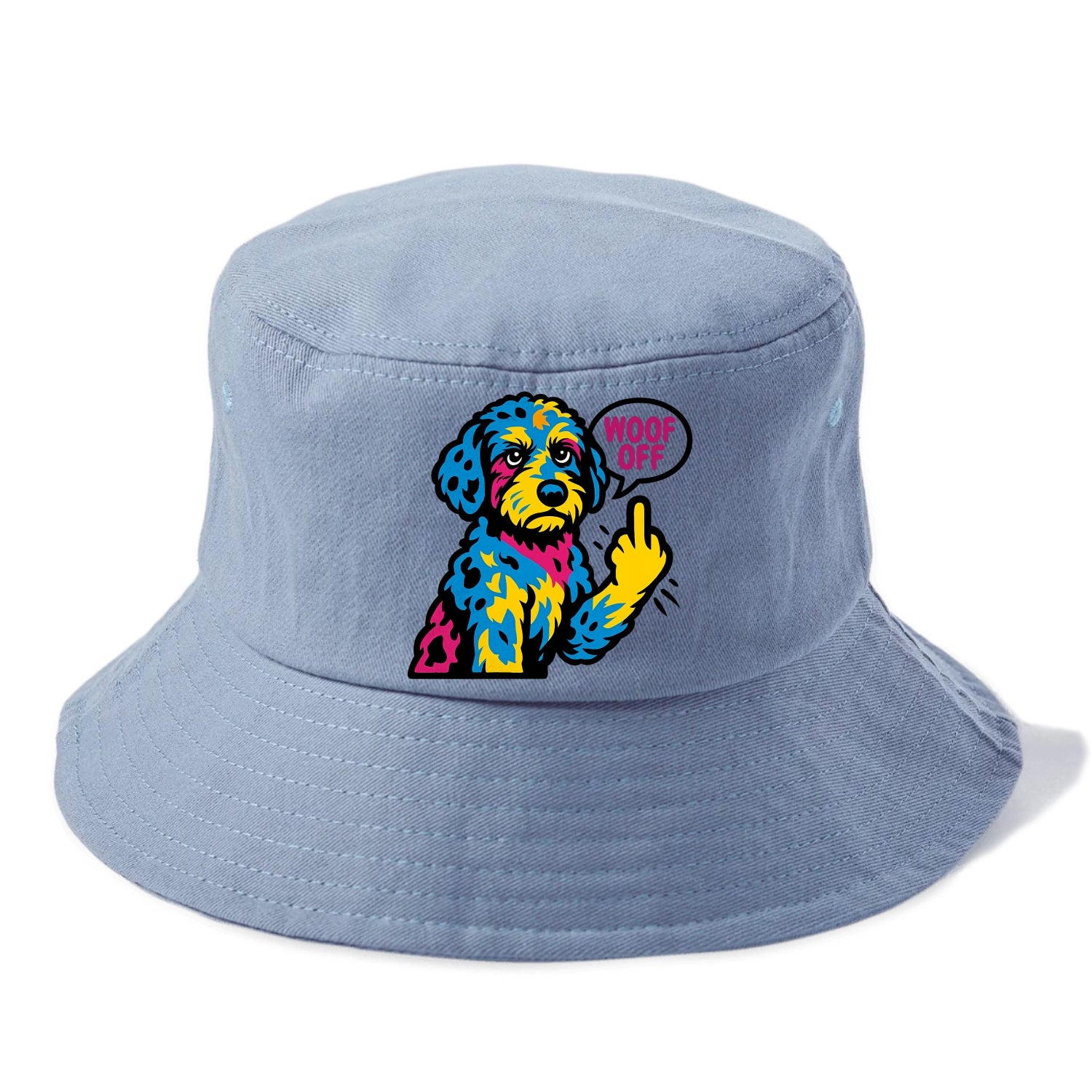 Aussiedoodle with merle patches and curly coat, playful smart paw raised - Bucket Hat - Summer Sky(Blue)