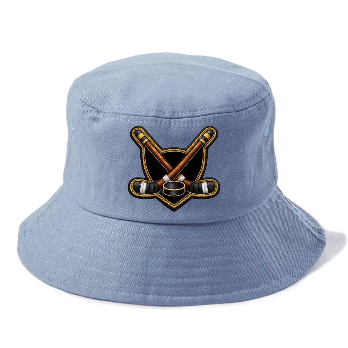 Embroidered patch design - HOCKEY CROSSED STICKS - ice hockey sticks with puck in - Bucket Hat - Summer Sky(Blue)