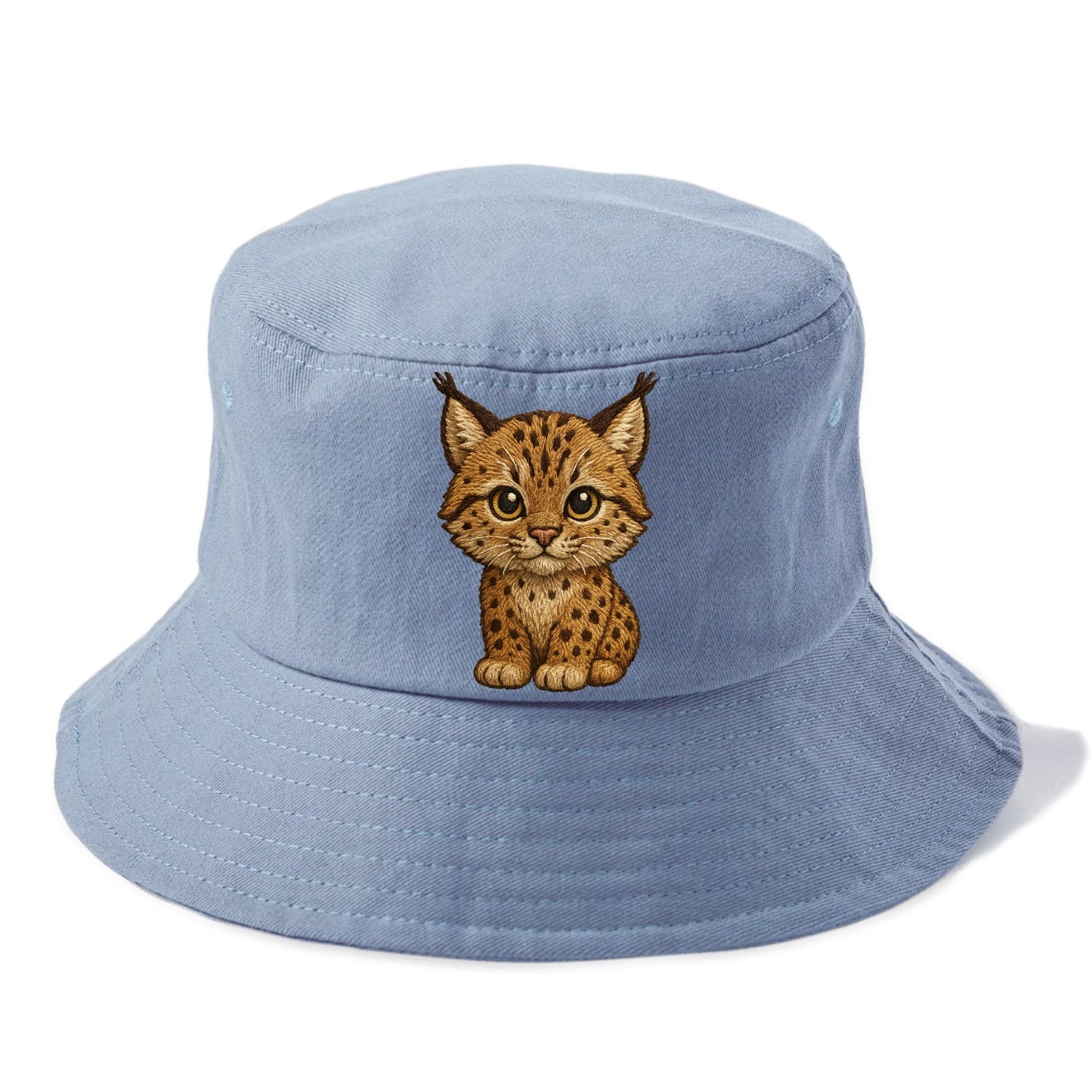 Baby Lynx Cub - tufted ears, spotted fur, golden eyes, front-facing, wild baby - Bucket Hat - Summer Sky(Blue)