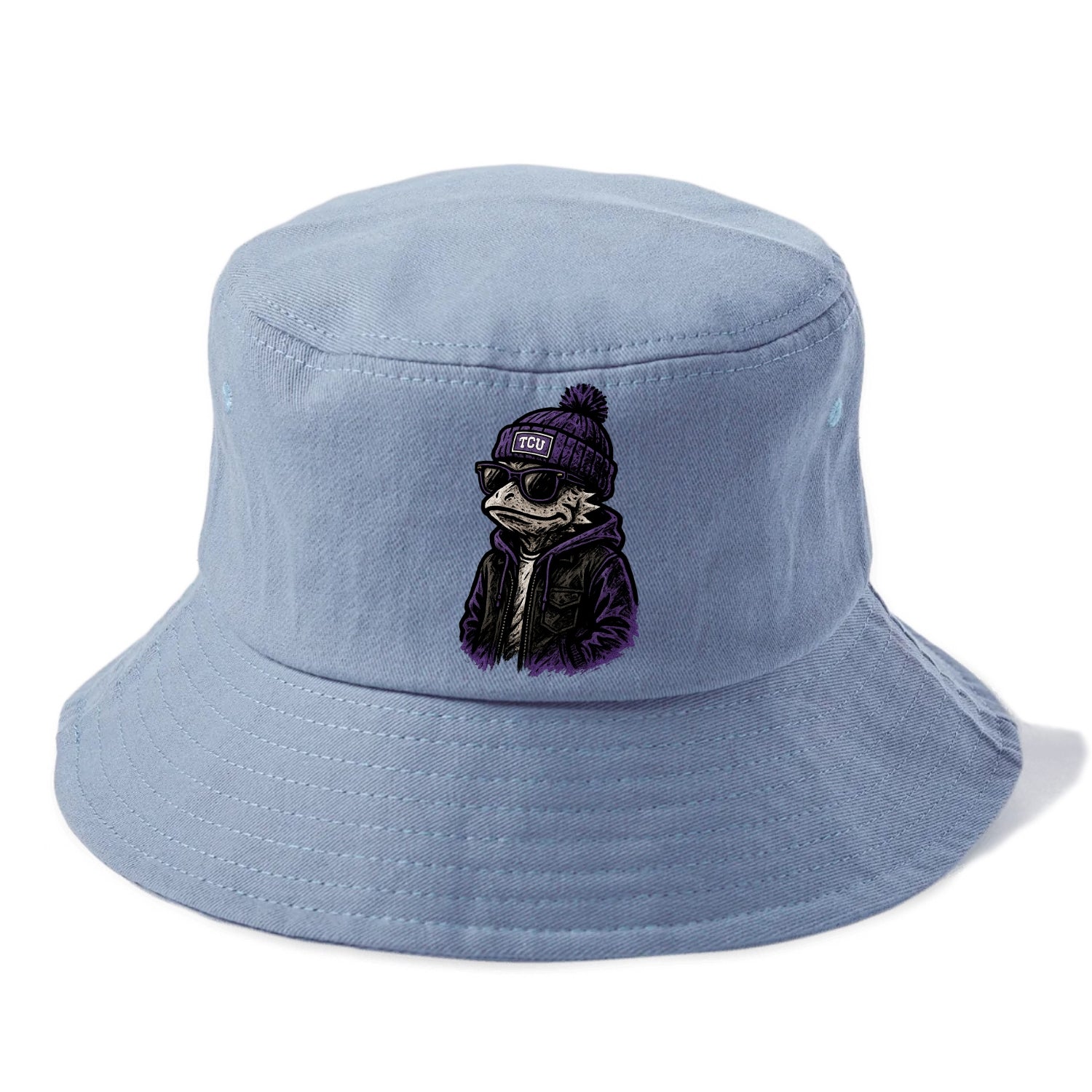 Fort Worth Frog wearing TCU beanie with horned patch - Bucket Hat - Summer Sky(Blue)