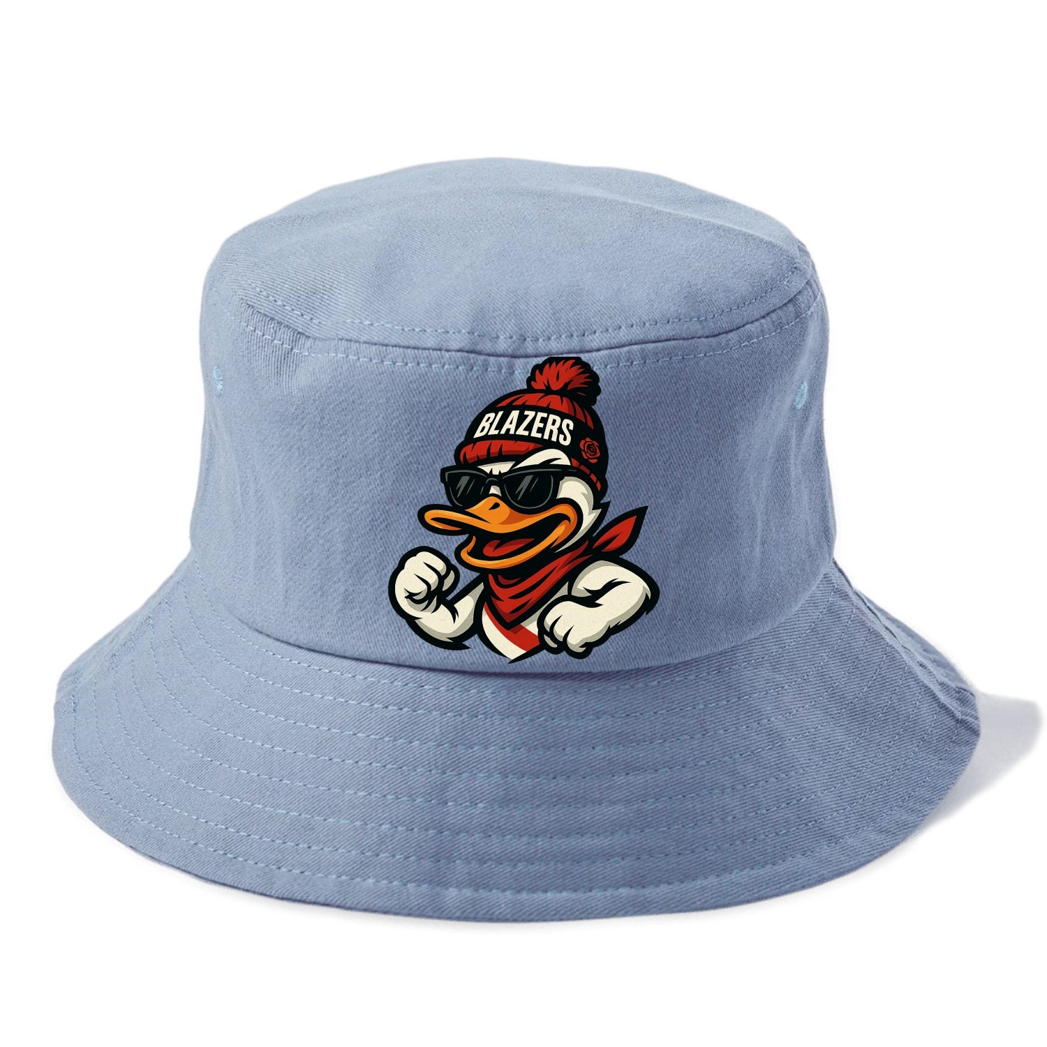 Oregon Duck wearing Trail Blazers beanie with rose patch and wayfarer sunglasses - Bucket Hat - Summer Sky(Blue)