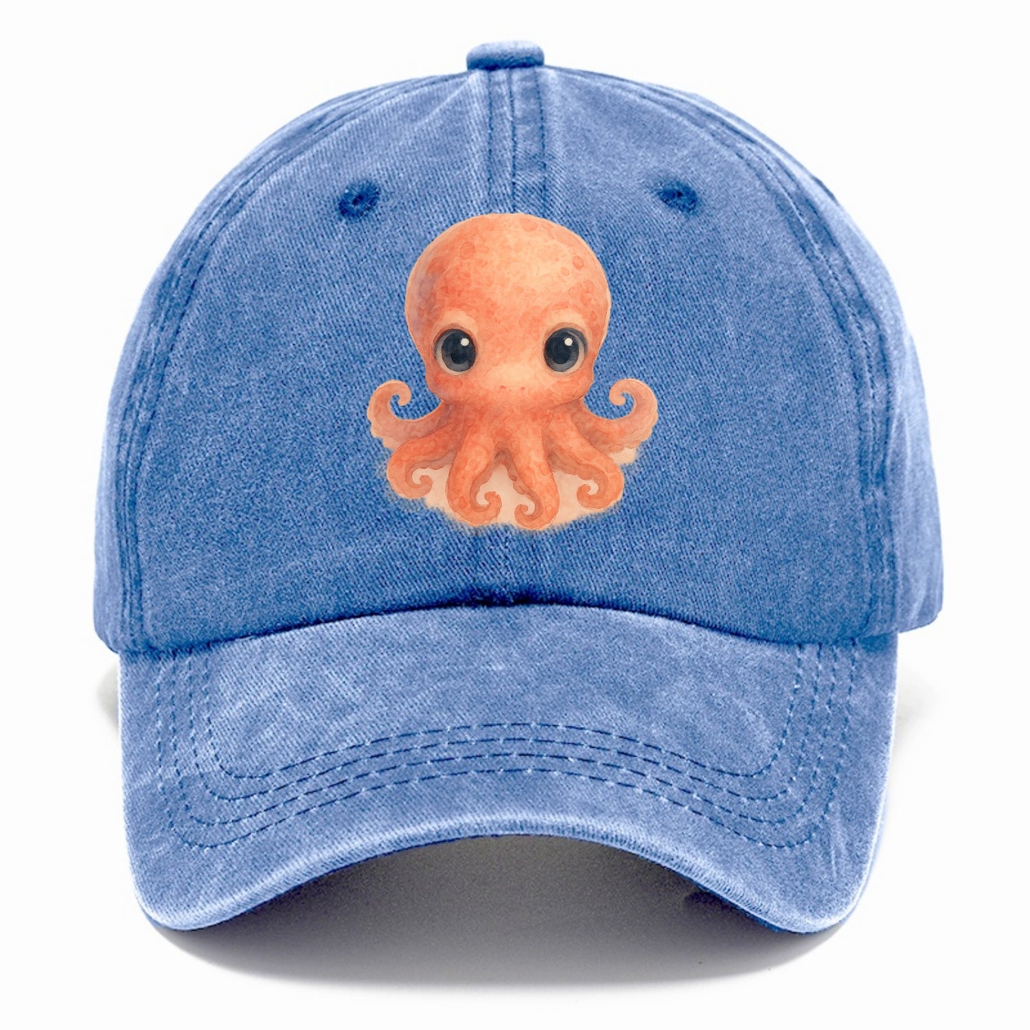 Baby Octopus - red-orange, eight tiny tentacles curled, large intelligent eyes, - Classic Cap - Summer Sky(Blue)