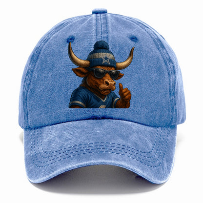 Texas Longhorn wearing Cowboys silver and blue beanie with star and wayfarer - Classic Cap - Summer Sky(Blue)
