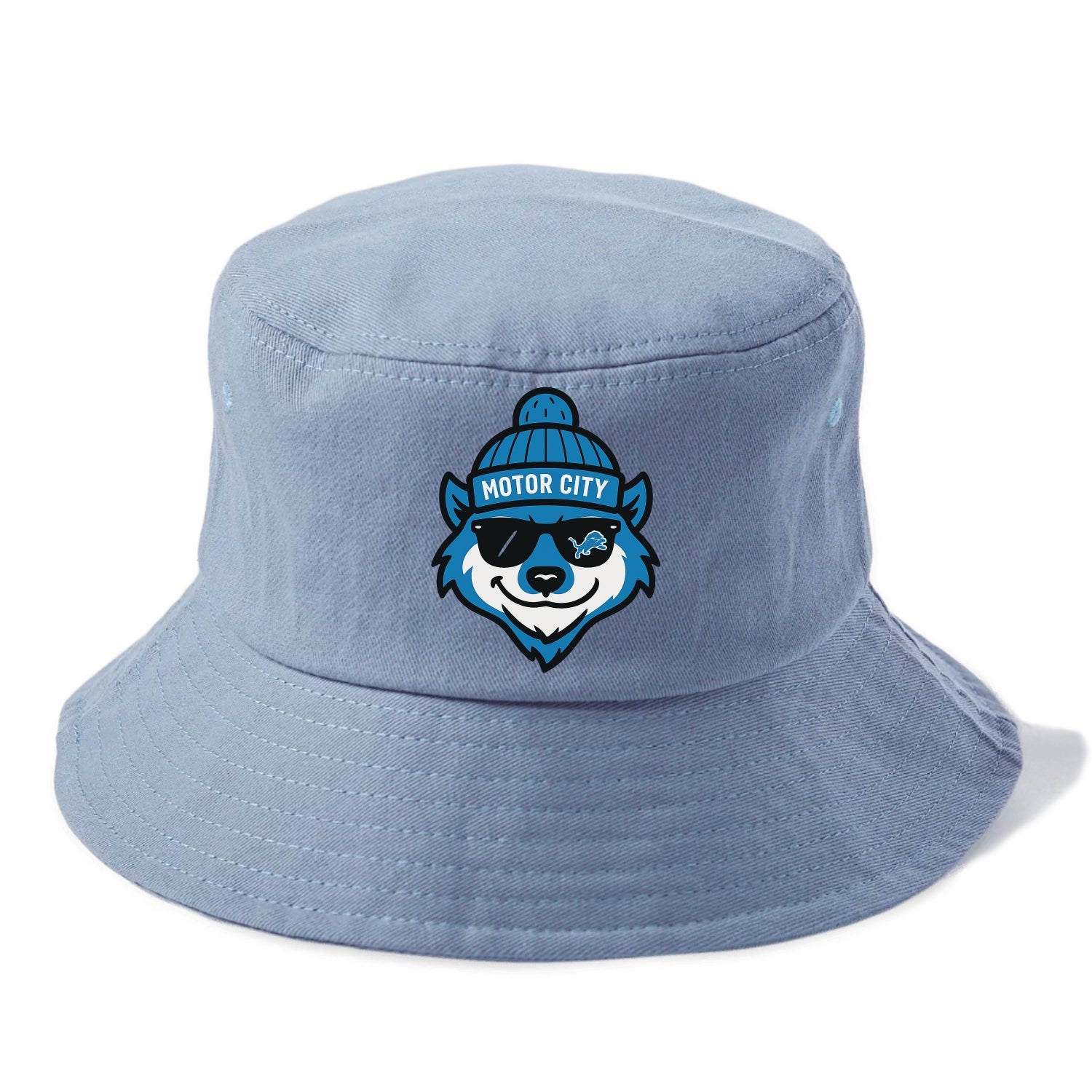 Motor City Wolverine wearing Lions beanie with gear patch and wayfarer sunglasses - Bucket Hat - Summer Sky(Blue)