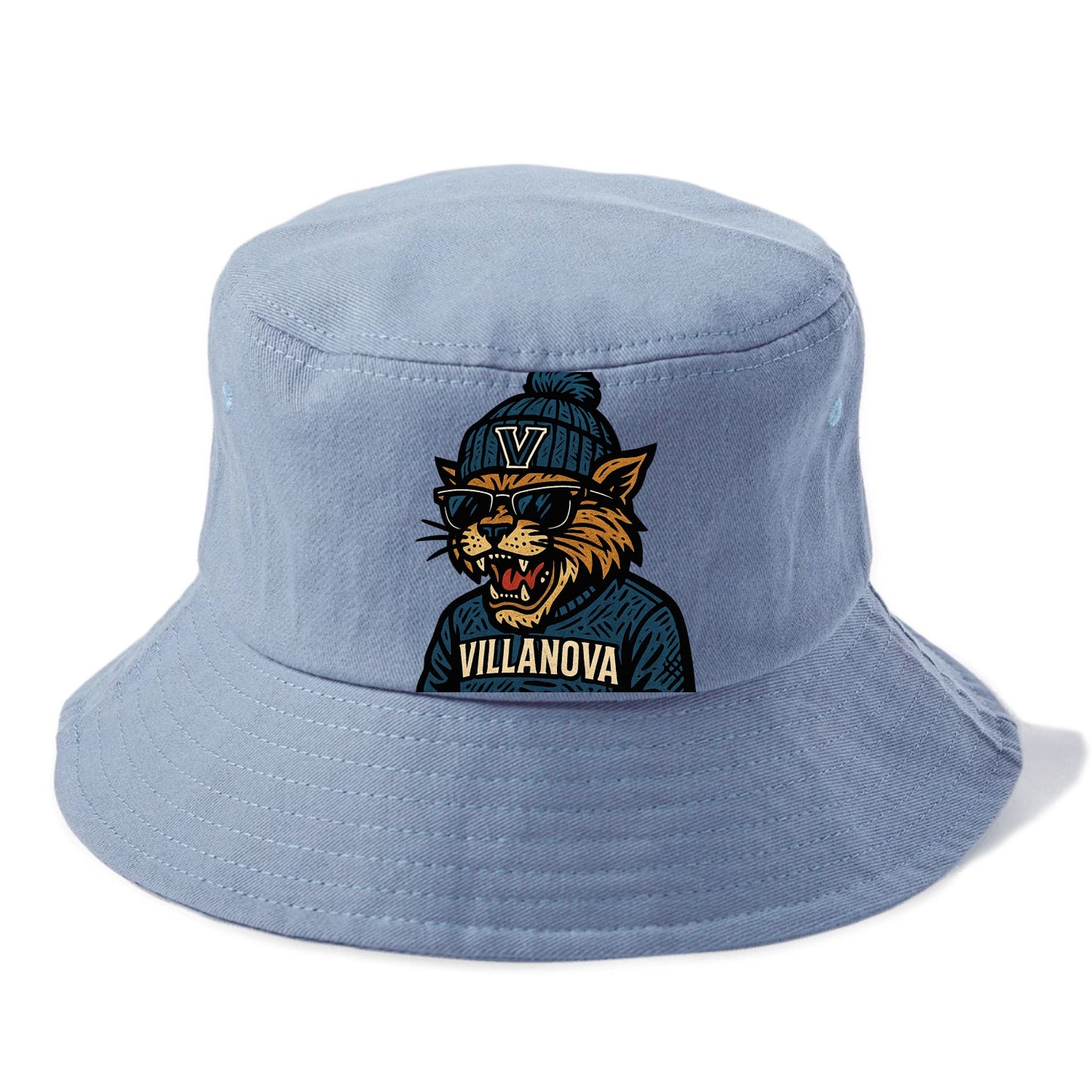 Villanova Wildcat wearing Villanova beanie with V patch - Bucket Hat - Summer Sky(Blue)