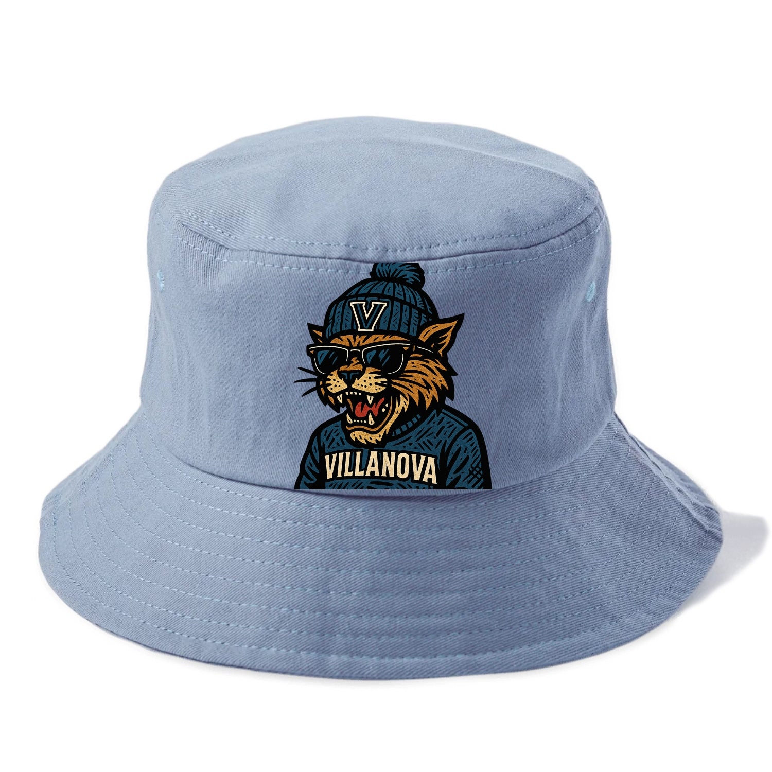 Villanova Wildcat wearing Villanova beanie with V patch - Bucket Hat - Summer Sky(Blue)