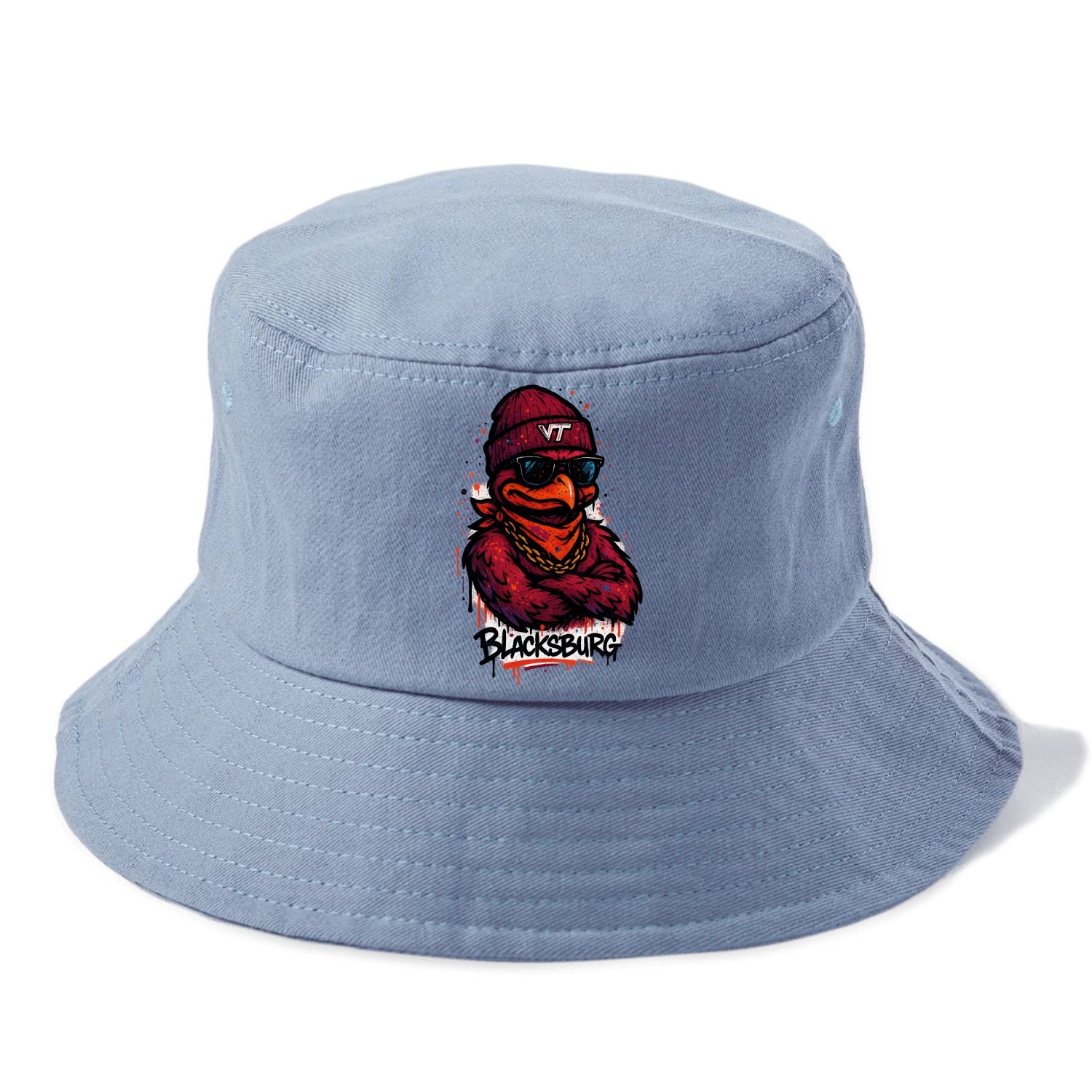 Blacksburg HokieBird wearing Virginia Tech beanie with VT patch - Bucket Hat - Summer Sky(Blue)