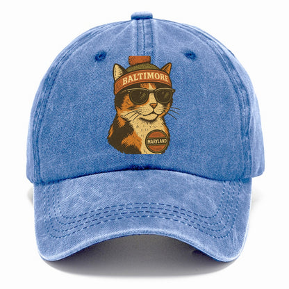 Maryland Calico Cat wearing Baltimore beanie with pom pom and wayfarer sunglasses - Classic Cap - Summer Sky(Blue)
