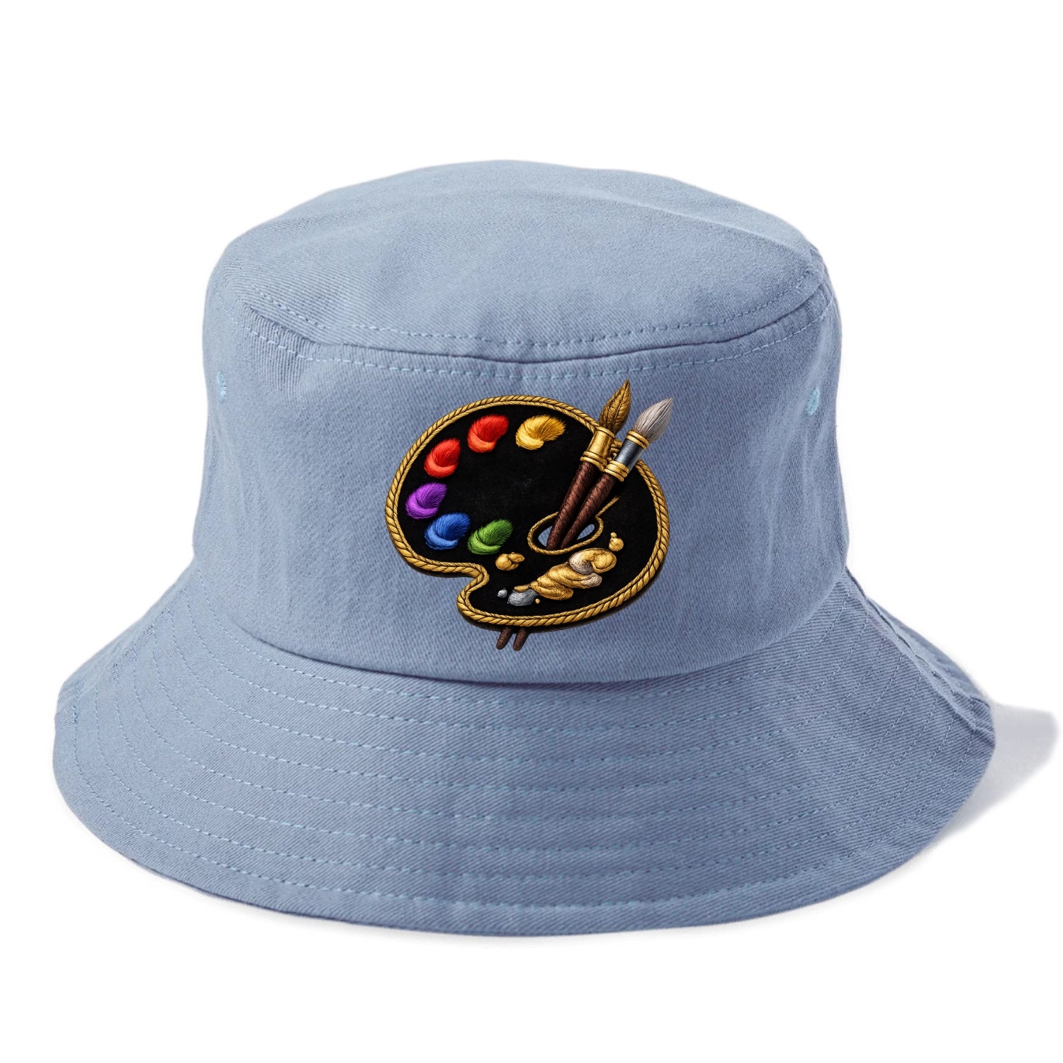 Embroidered patch design - PAINT PALETTE - artist palette with brushes in rainbow and - Bucket Hat - Summer Sky(Blue)