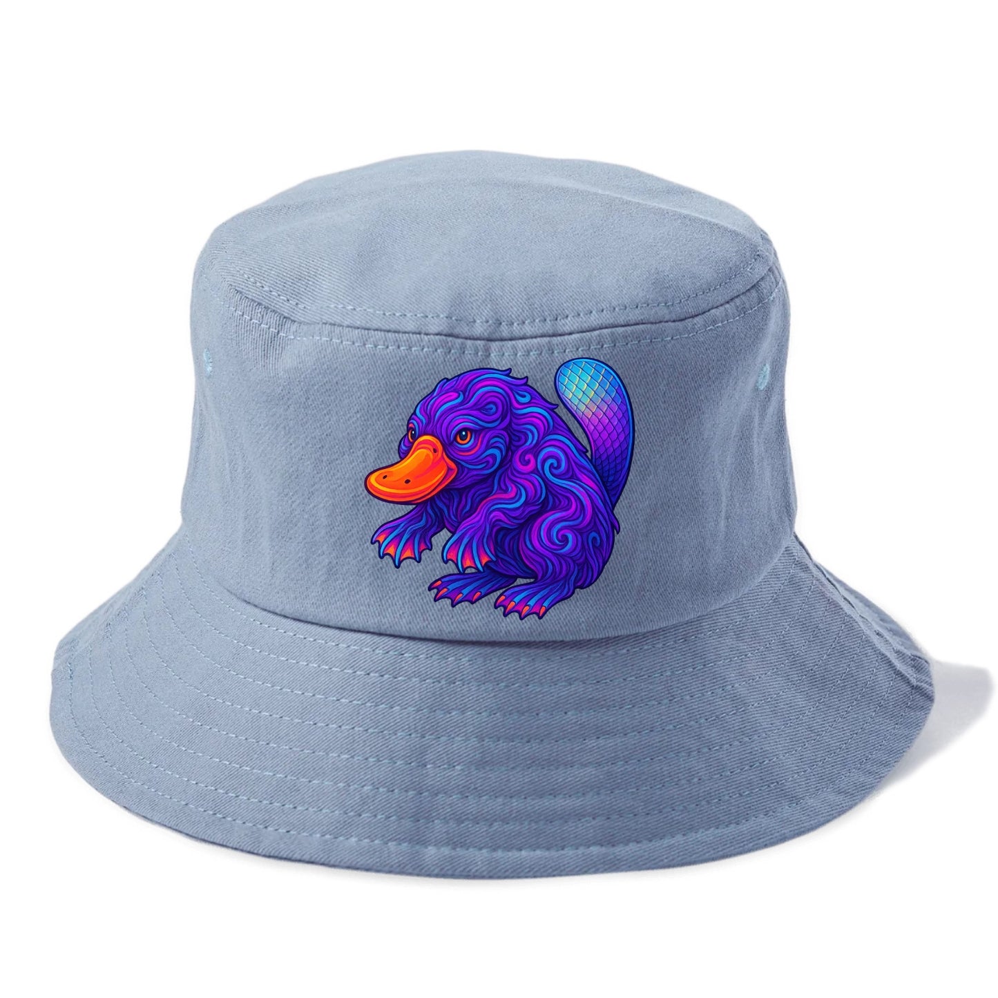 Quirky platypus with bill glowing in neon orange, beaver tail with holographic scales, - Bucket Hat - Summer Sky(Blue)