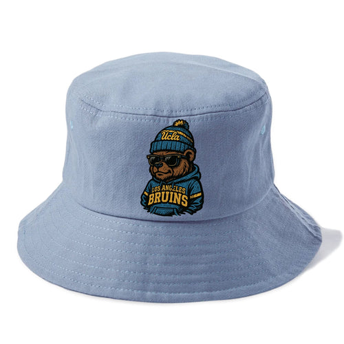Los Angeles Bruin wearing UCLA beanie with script patch - Bucket Hat