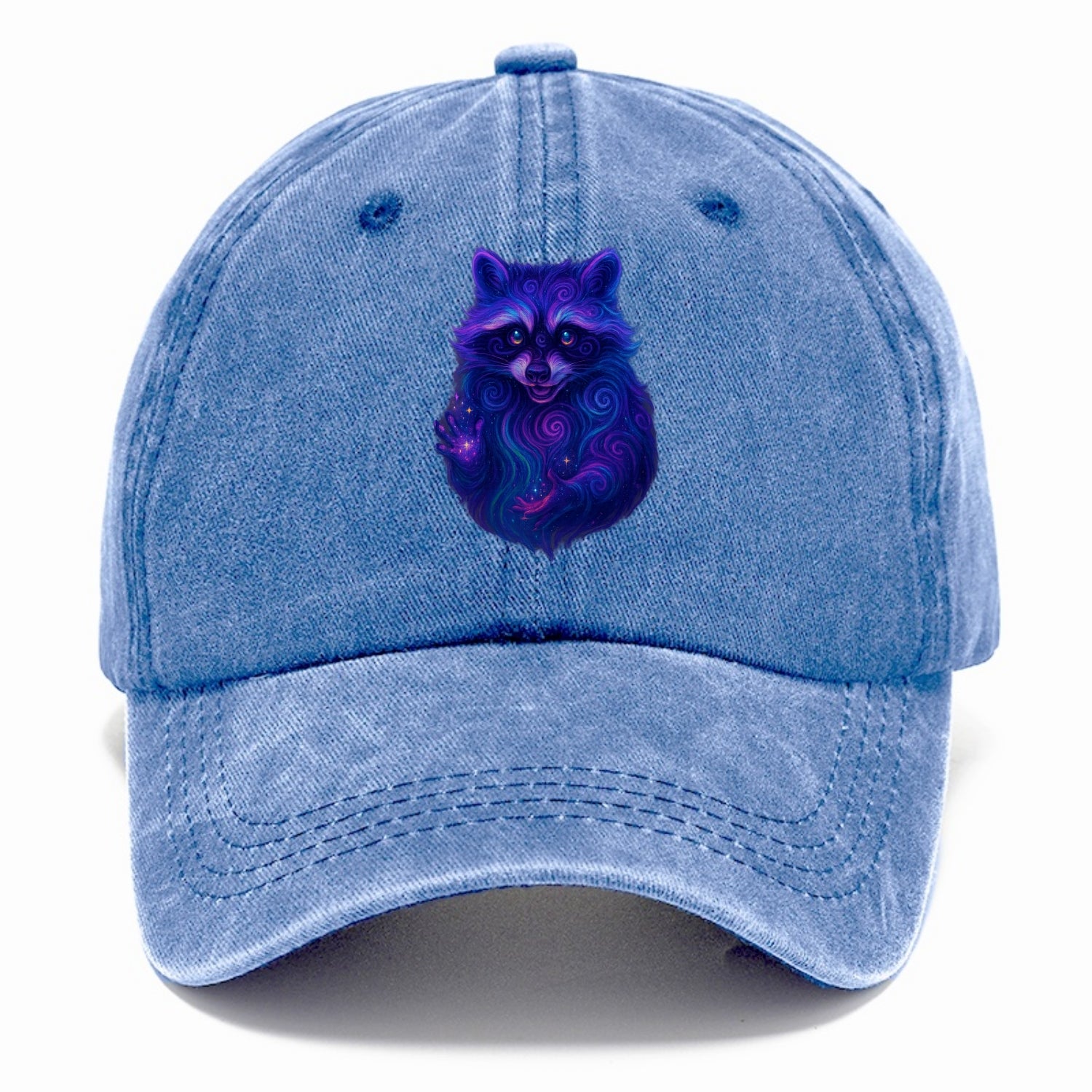 Playful raccoon with mask swirling in hypnotic patterns, neon purple and green fur - Classic Cap - Summer Sky(Blue)