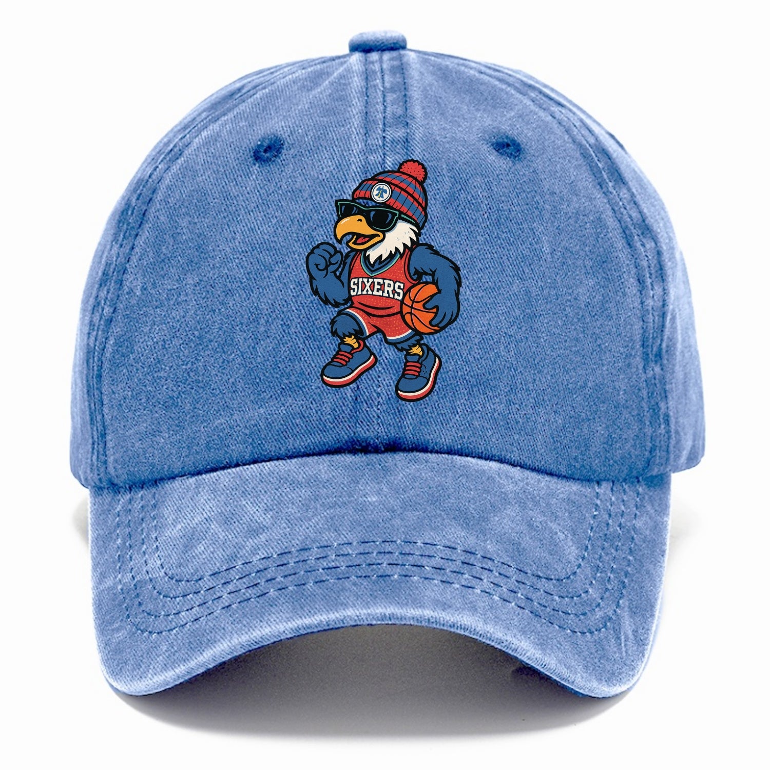 Philadelphia Eagle wearing 76ers red white and blue beanie with bell patch and - Classic Cap - Summer Sky(Blue)