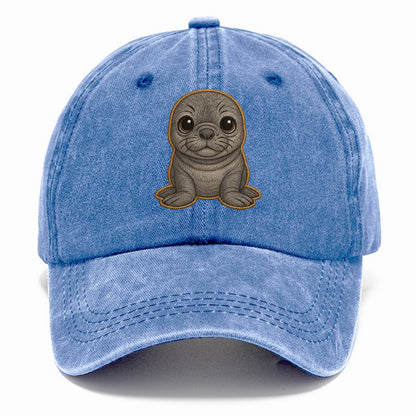 Baby Elephant Seal - gray wrinkly, tiny trunk nose, big dark eyes, front-facing, - Classic Cap - Summer Sky(Blue)