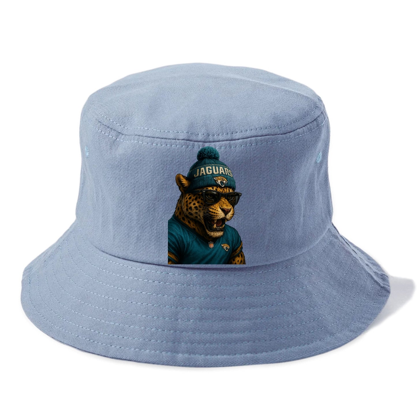 Jacksonville Jaguar wearing Jaguars teal and gold beanie with pom pom and wayfarer - Bucket Hat - Summer Sky(Blue)