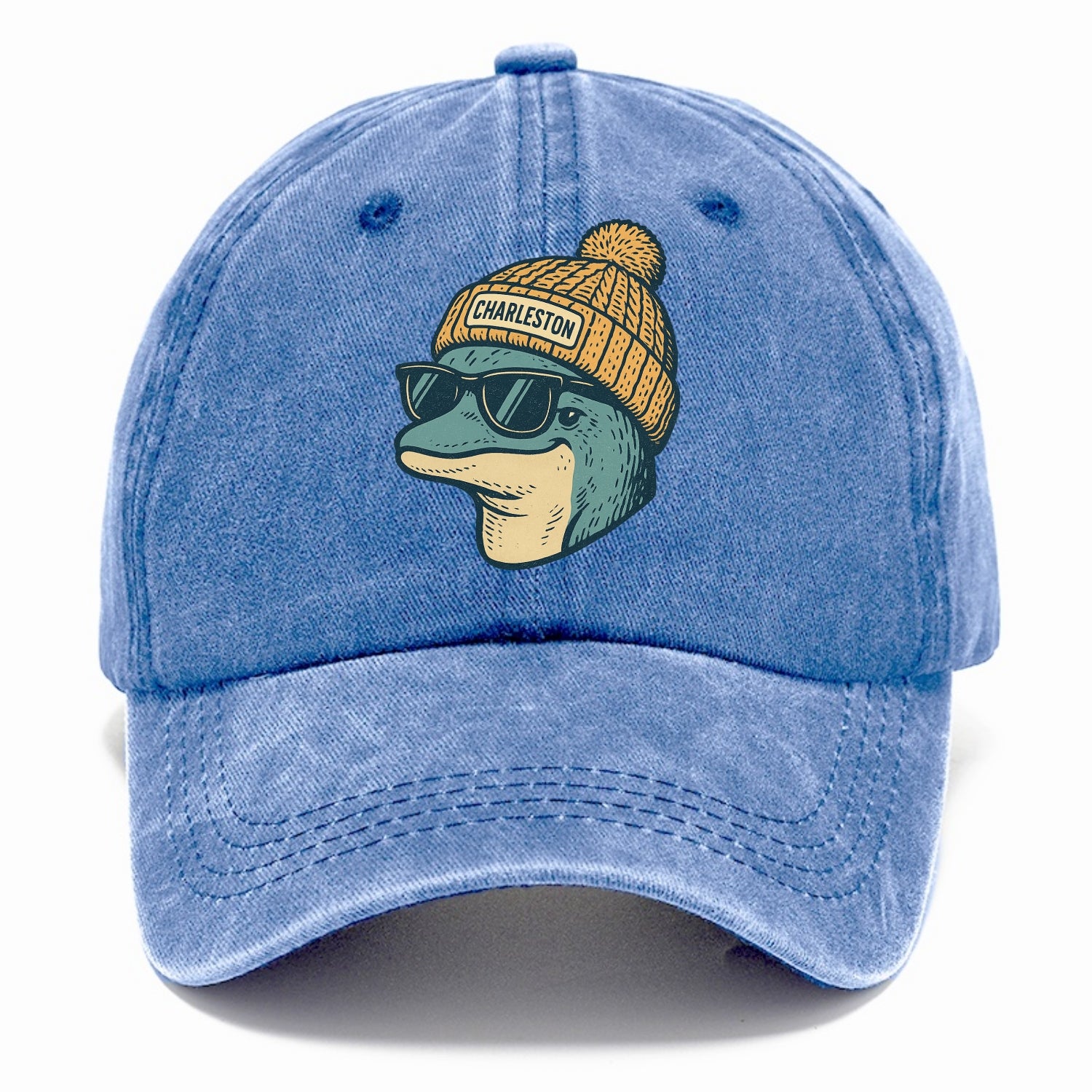Charleston Dolphin wearing Charleston beanie with pom pom and wayfarer sunglasses - Classic Cap - Summer Sky(Blue)