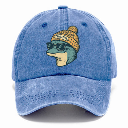 Charleston Dolphin wearing Charleston beanie with pom pom and wayfarer sunglasses - Classic Cap - Summer Sky(Blue)