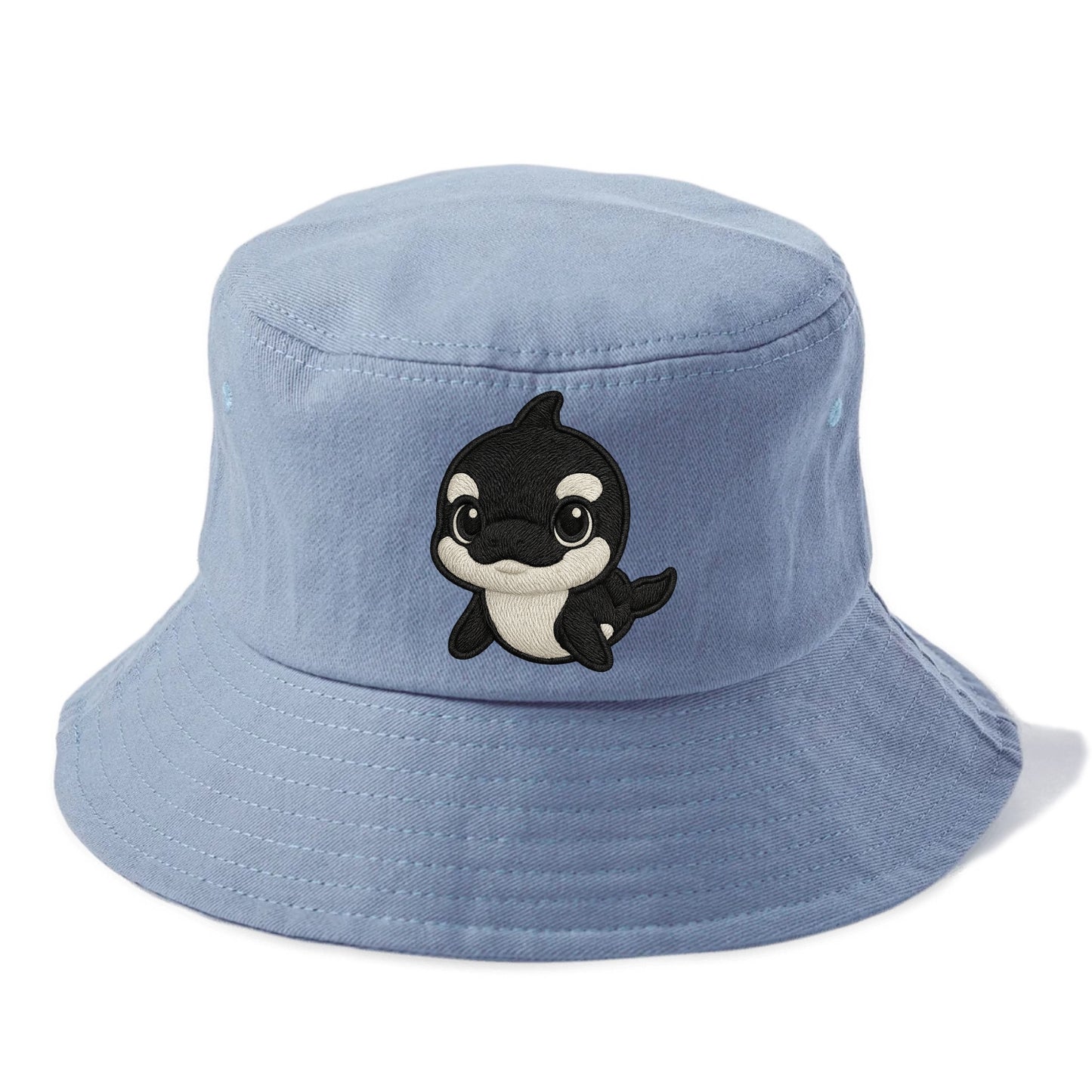 Baby Orca - black and white pattern, white eye patch, front-facing, curious and - Bucket Hat - Summer Sky(Blue)