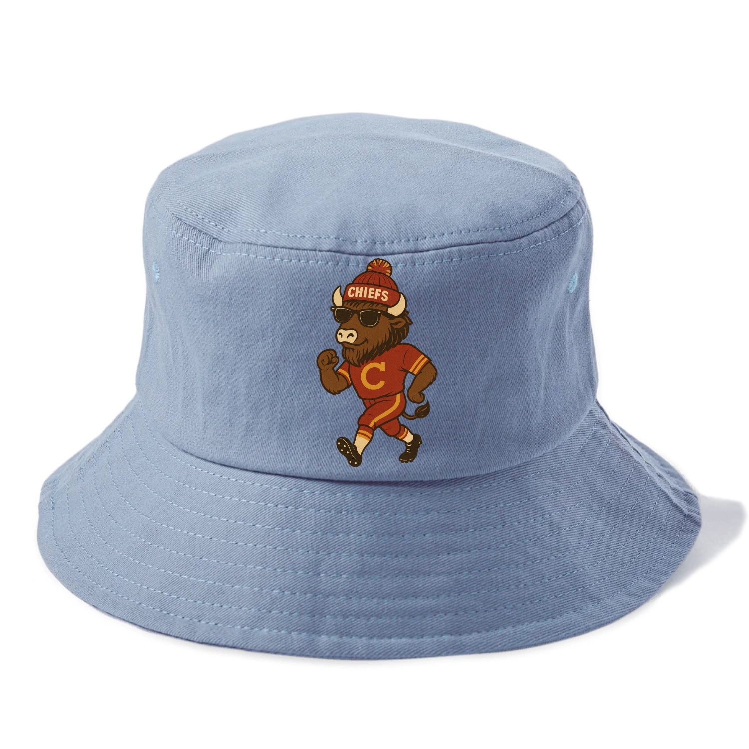 KC Bison wearing Chiefs beanie with arrowhead patch and wayfarer sunglasses - Bucket Hat - Summer Sky(Blue)