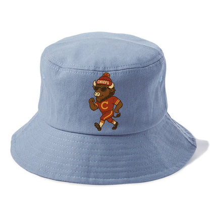 KC Bison wearing Chiefs beanie with arrowhead patch and wayfarer sunglasses - Bucket Hat - Summer Sky(Blue)