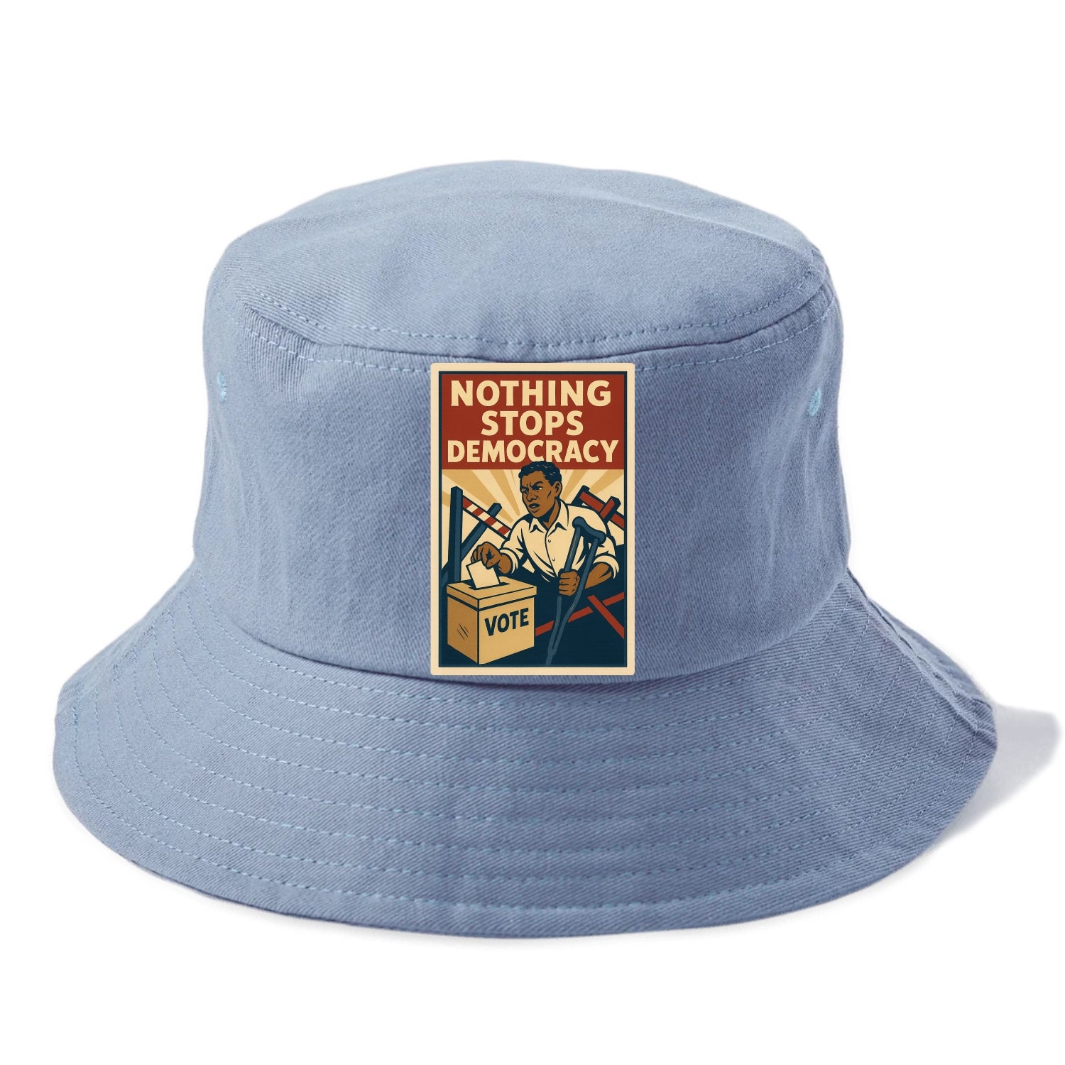 Person voting despite obstacles - "Nothing Stops Democracy" - voter perseverance - Bucket Hat - Summer Sky(Blue)