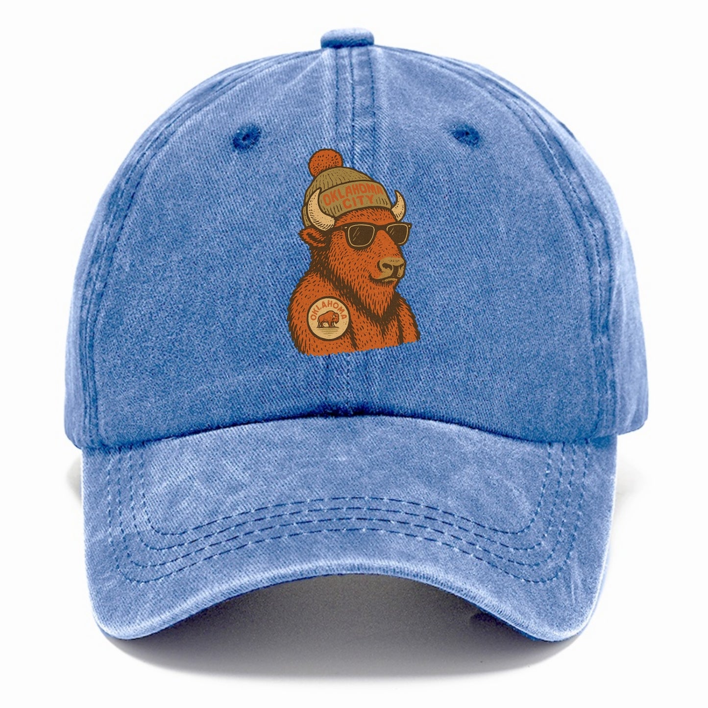 Oklahoma Buffalo wearing Oklahoma City beanie with pom pom and wayfarer sunglasses - Classic Cap - Summer Sky(Blue)