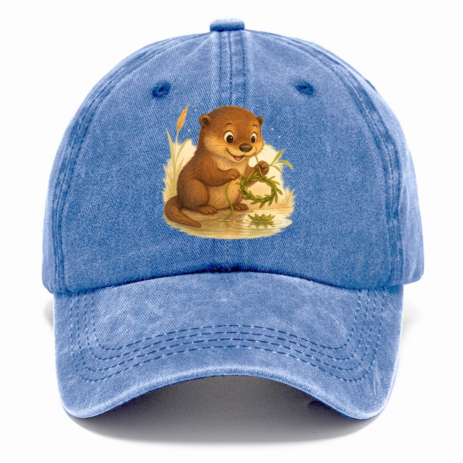 Otter weaving river reeds into a floating crown beside mirror-still water - Classic Cap - Summer Sky(Blue)