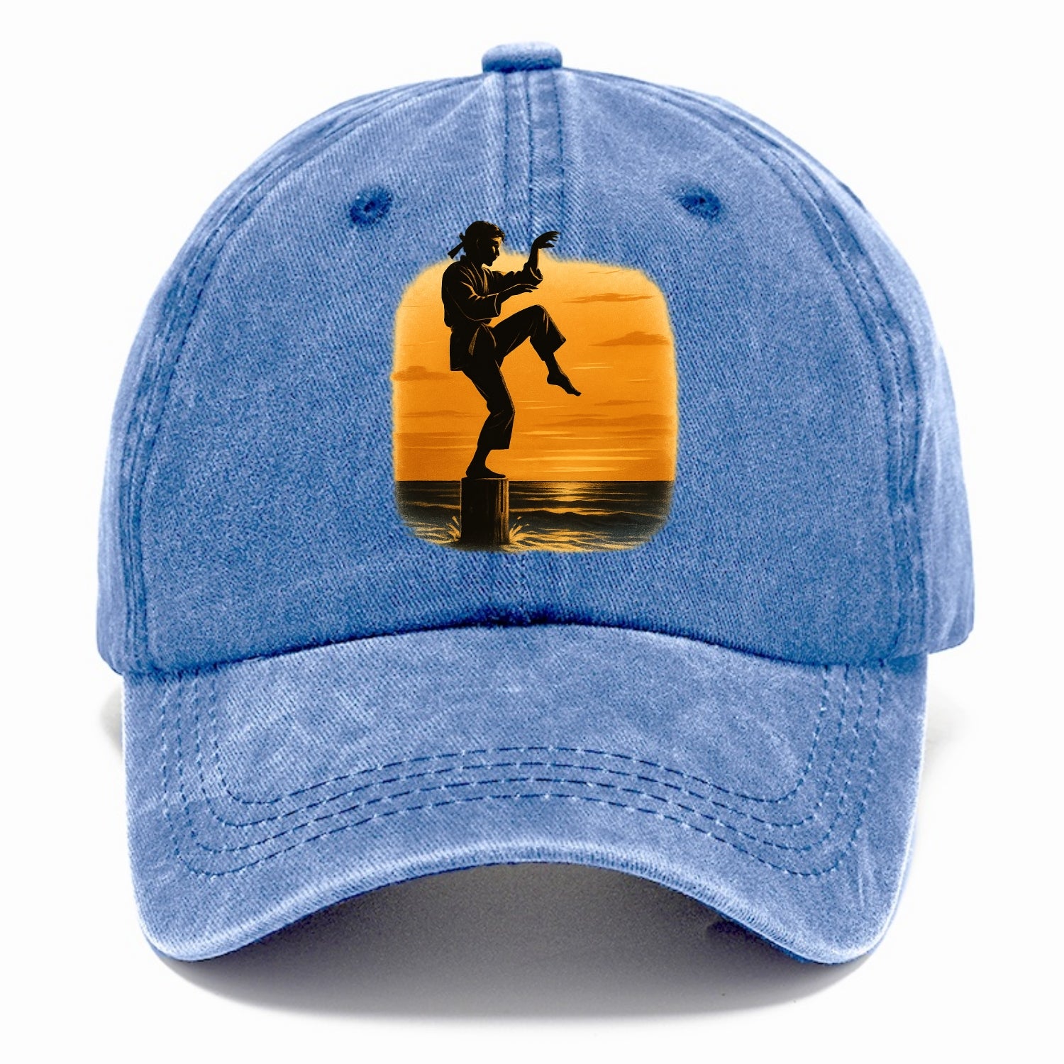 karate crane kick pose on wooden post at beach sunset - Classic Cap - Summer Sky(Blue)