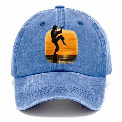 karate crane kick pose on wooden post at beach sunset - Classic Cap - Summer Sky(Blue)
