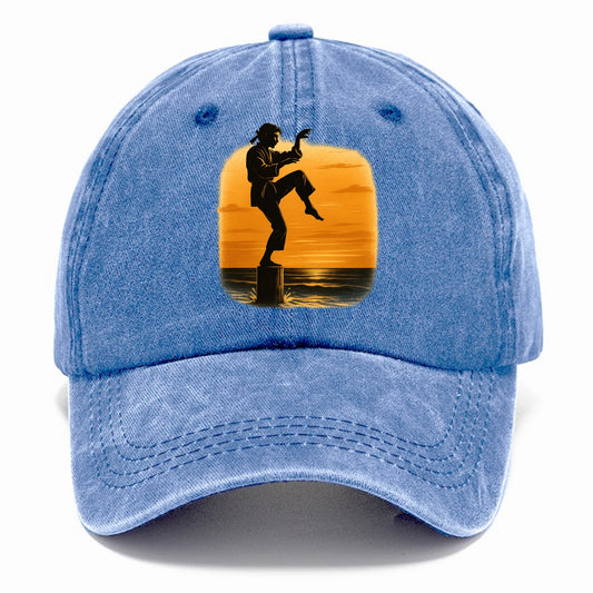 karate crane kick pose on wooden post at beach sunset - Classic Cap - Summer Sky(Blue)