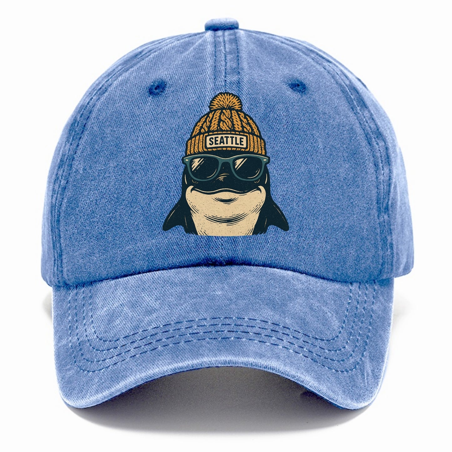 Seattle Orca wearing Seattle beanie with pom pom and wayfarer sunglasses - Classic Cap - Summer Sky(Blue)