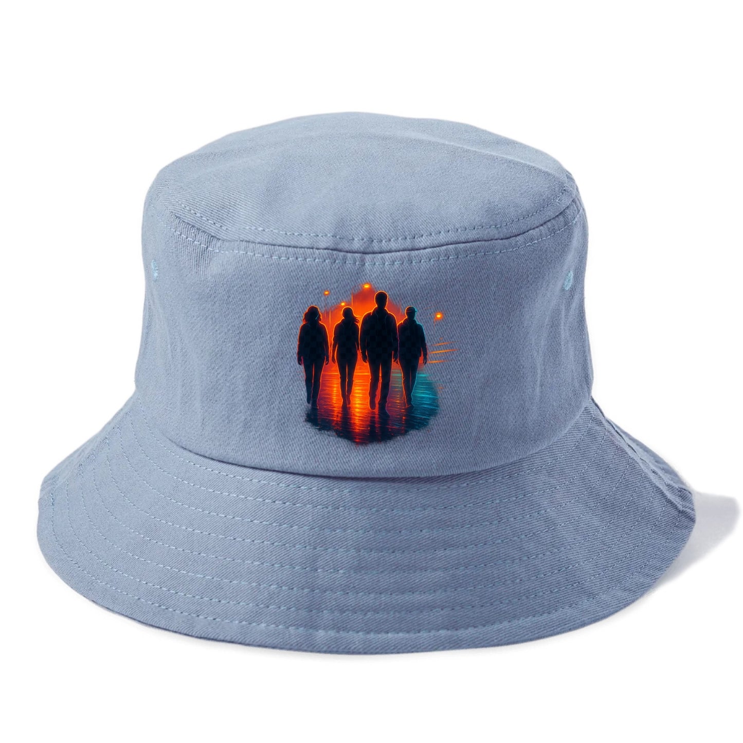gang of silhouettes walking together at sunset by the beach - Bucket Hat - Summer Sky(Blue)