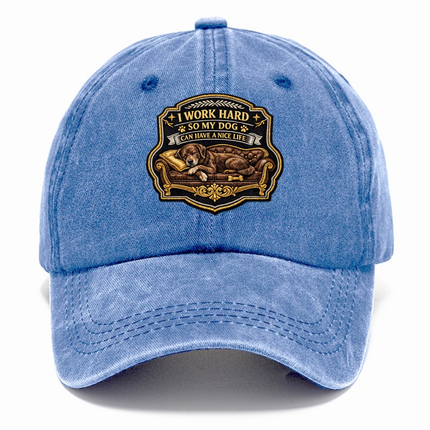 I WORK HARD SO MY DOG CAN HAVE A NICE LIFE - dog on couch in brown , pet luxury - Classic Cap - Summer Sky(Blue)
