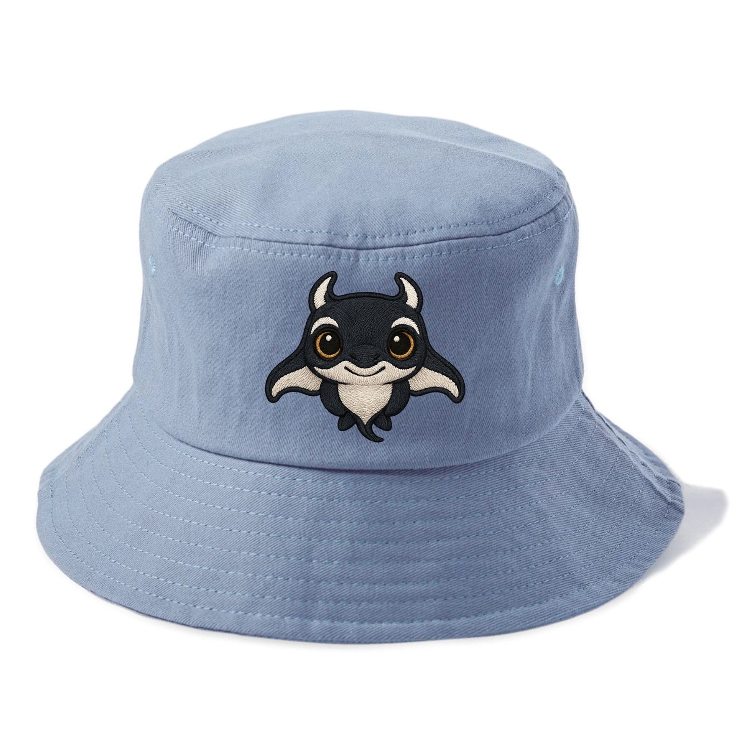 Baby Manta Ray - dark with white markings, cephalic fins, gentle eyes, front-facing, - Bucket Hat - Summer Sky(Blue)