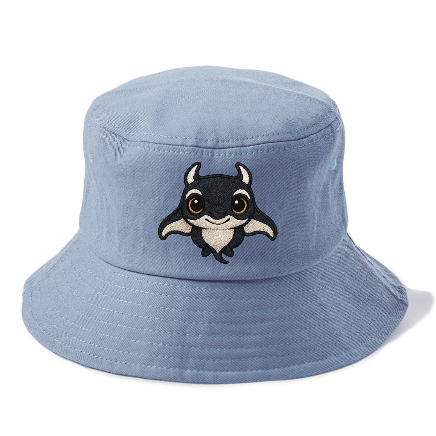 Baby Manta Ray - dark with white markings, cephalic fins, gentle eyes, front-facing, - Bucket Hat - Summer Sky(Blue)