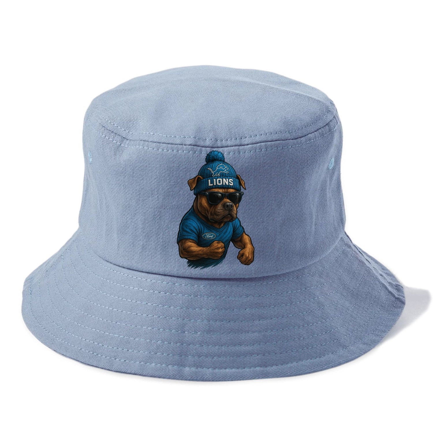 Detroit Pitbull wearing Lions beanie with auto patch and wayfarer sunglasses - Bucket Hat - Summer Sky(Blue)