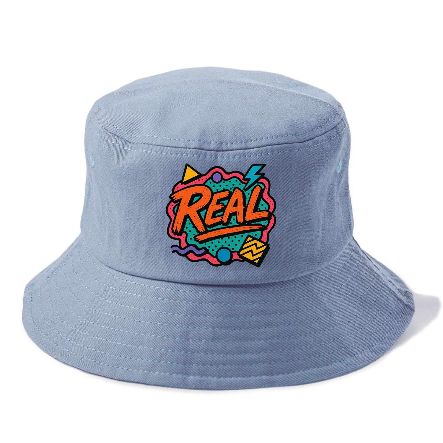Imperfect brush strokes spelling "Real" - authenticity over perfection, raw and genuine - Bucket Hat - Summer Sky(Blue)
