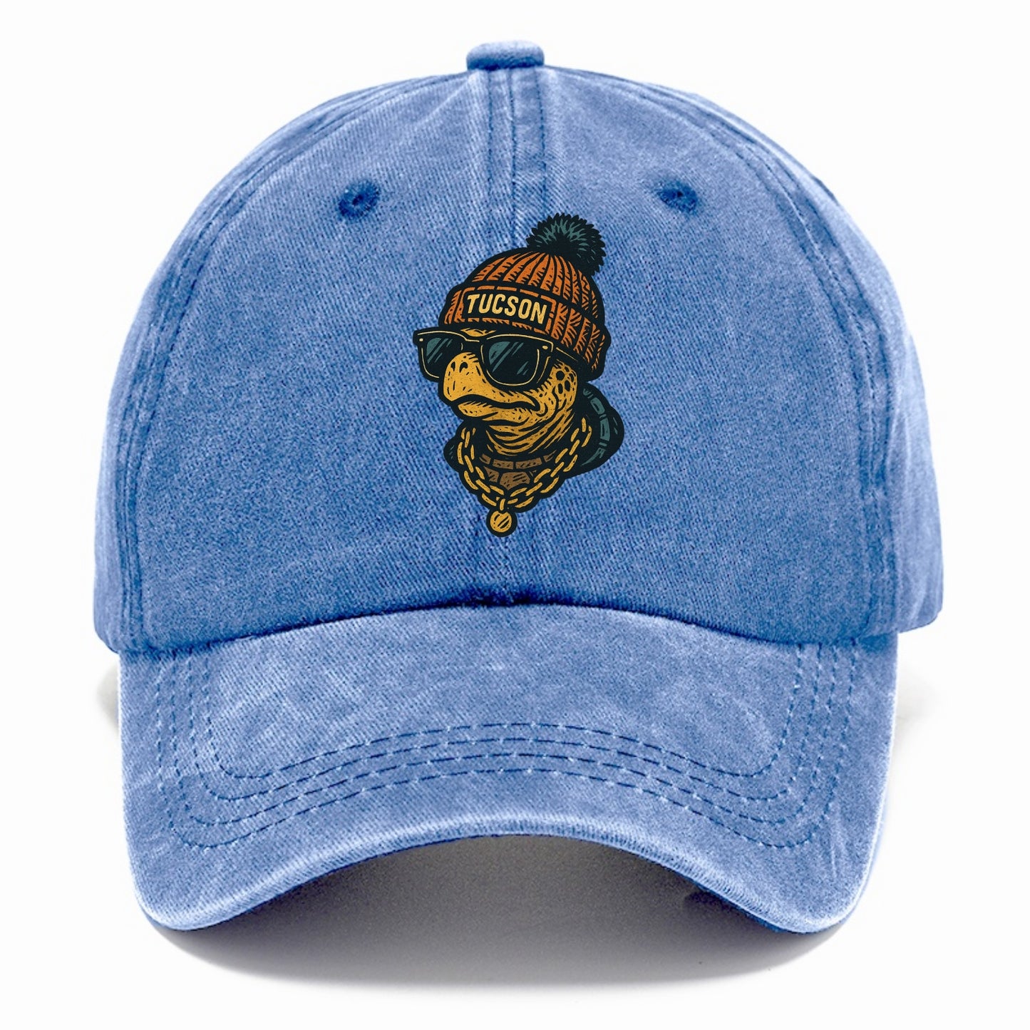 Tucson Desert Tortoise wearing Tucson beanie with pom pom and wayfarer sunglasses - Classic Cap - Summer Sky(Blue)