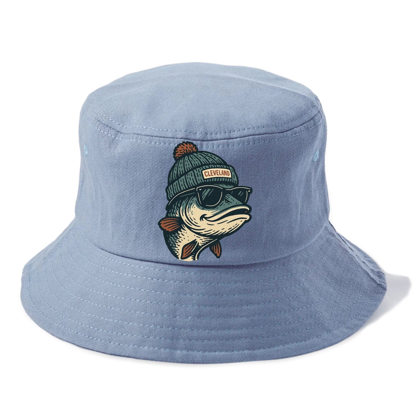 Cleveland Lake Erie Walleye wearing Cleveland beanie with pom pom and wayfarer - Bucket Hat - Summer Sky(Blue)
