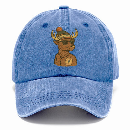 Edmonton Elk wearing Edmonton beanie with pom pom and wayfarer sunglasses - Classic Cap - Summer Sky(Blue)