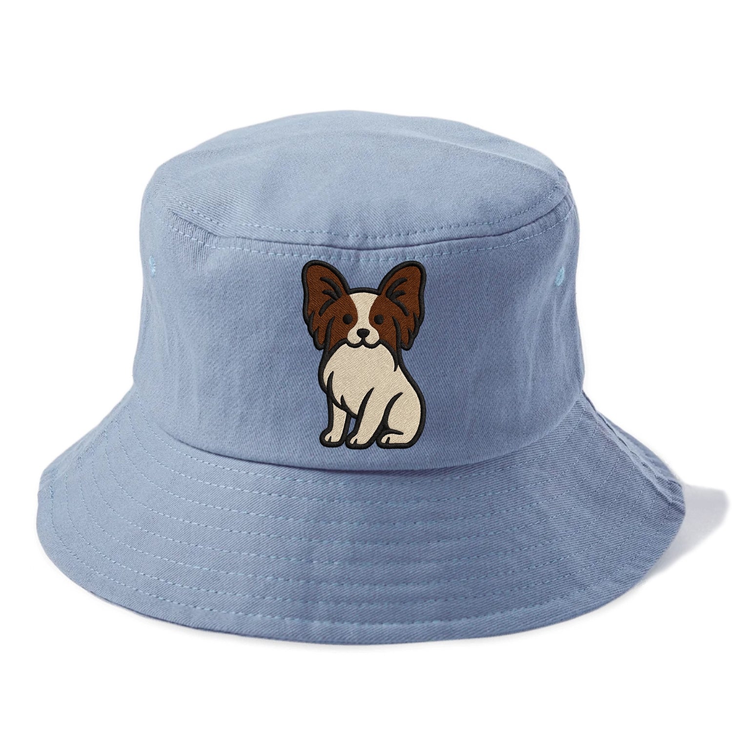 Papillon - White with brown ears sitting Bucket Hat - Summer Sky(Blue)