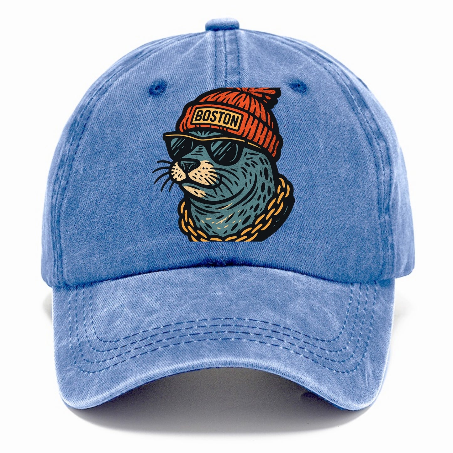 Boston Harbor Seal wearing Boston beanie with pom pom and wayfarer sunglasses - Classic Cap - Summer Sky(Blue)