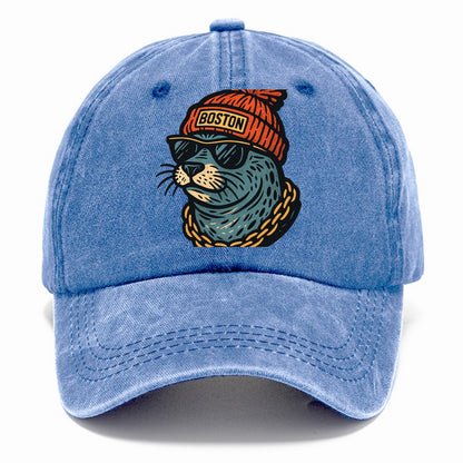 Boston Harbor Seal wearing Boston beanie with pom pom and wayfarer sunglasses - Classic Cap - Summer Sky(Blue)