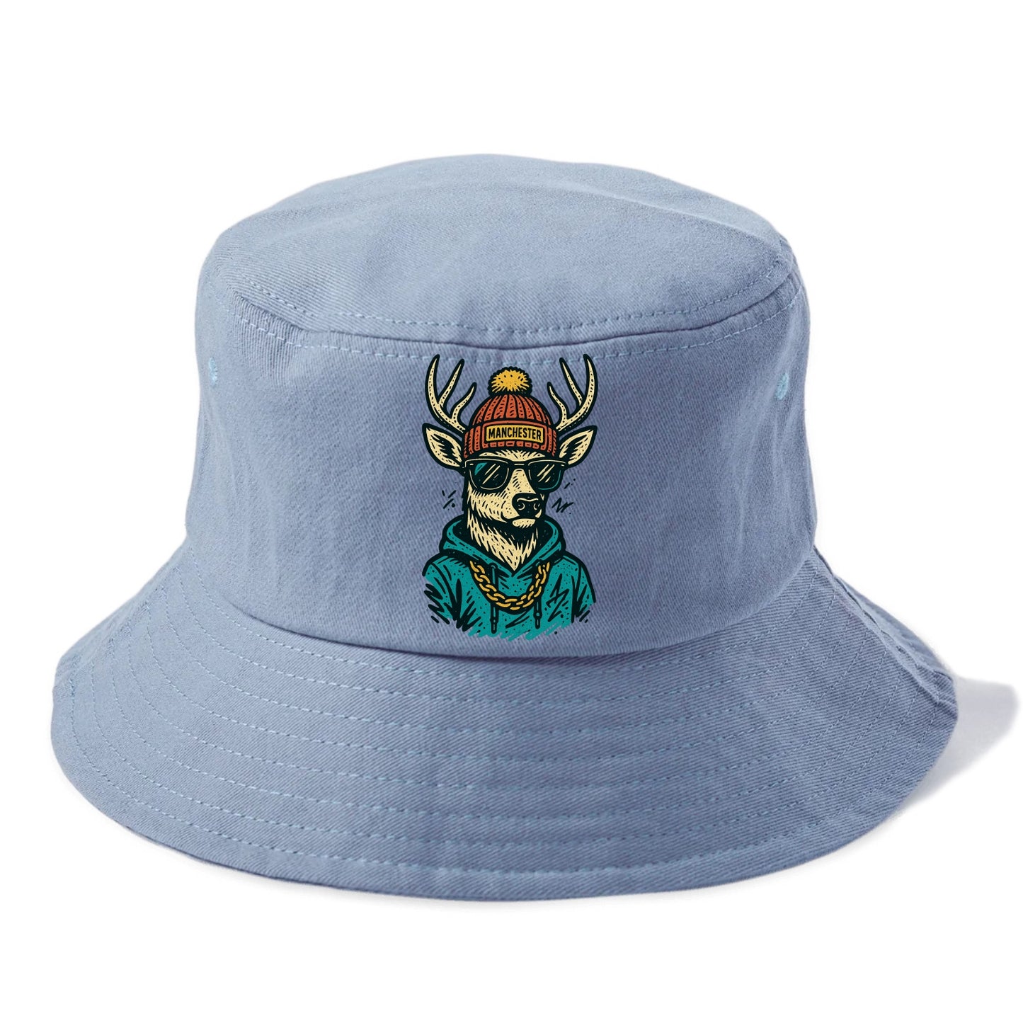 New Hampshire White-tailed Deer wearing Manchester beanie with pom pom and wayfarer - Bucket Hat - Summer Sky(Blue)