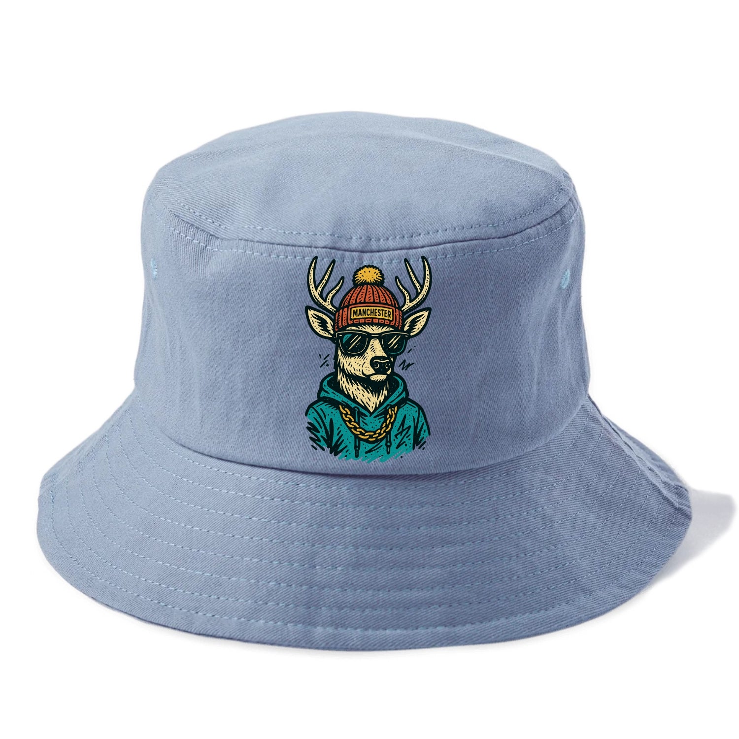 New Hampshire White-tailed Deer wearing Manchester beanie with pom pom and wayfarer - Bucket Hat - Summer Sky(Blue)