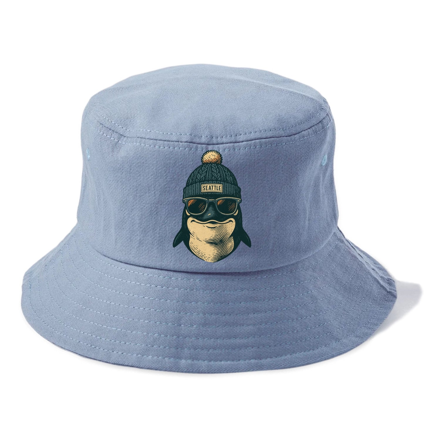 Washington Orca wearing Seattle beanie with pom pom and wayfarer sunglasses - Bucket Hat - Summer Sky(Blue)