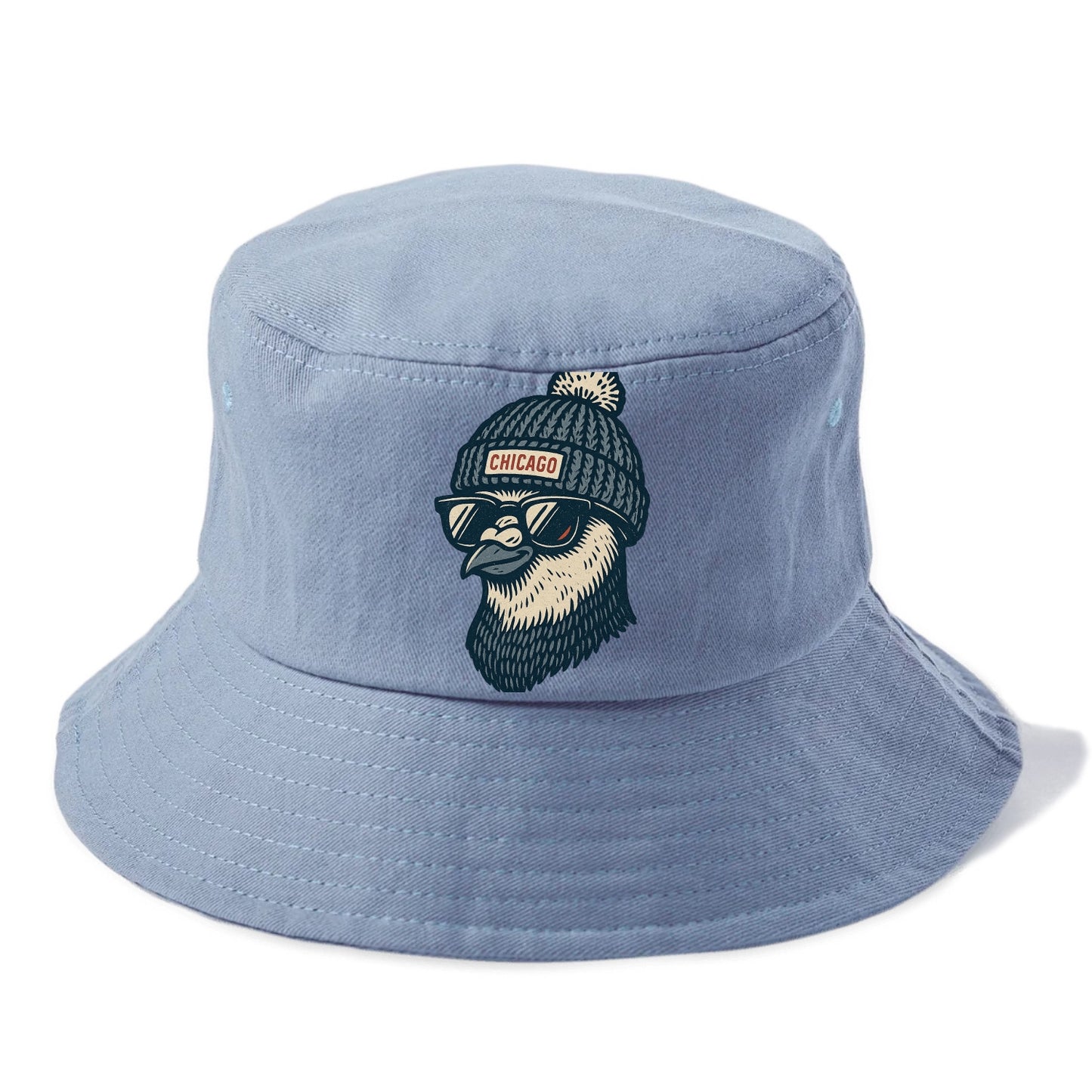 Chicago Pigeon wearing Chicago beanie with pom pom and wayfarer sunglasses - Bucket Hat - Summer Sky(Blue)
