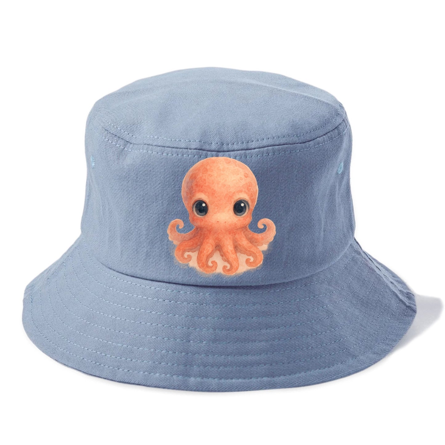 Baby Octopus - red-orange, eight tiny tentacles curled, large intelligent eyes, - Bucket Hat - Summer Sky(Blue)